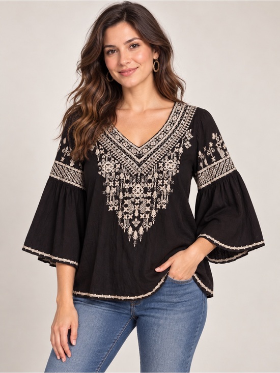 Tops - Chelsea & Theodore Black Embroidered Boho Bell Sleeve Blouse M 20PTP 21L